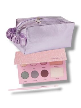 Ulta Beauty Lilac Metallic Makeup Zipper Bag w Eye & Face Palette + Brush NEW